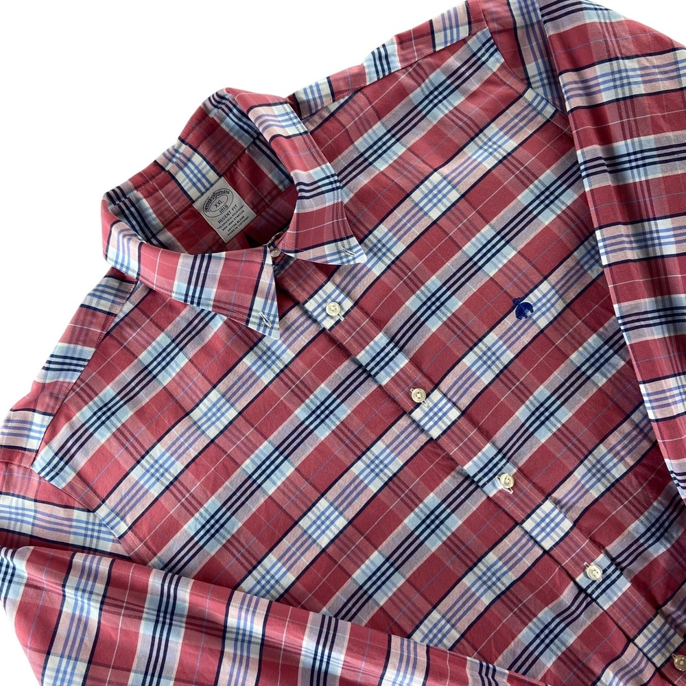 Brooks Brothers Shirt Mens XXL Pink Plaid Regent Fit Cotton Blend Long Sleeve
